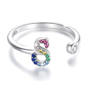 Solid 925 Sterling Silver Colourful Rainbow Alphabet Letter Adjustable Rings - S