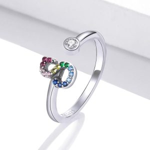Solid 925 Sterling Silver Colourful Rainbow Alphabet Letter Adjustable Rings - S