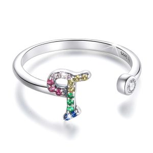 Solid 925 Sterling Silver Colourful Rainbow Alphabet Letter Adjustable Rings - T