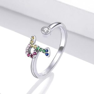 Solid 925 Sterling Silver Colourful Rainbow Alphabet Letter Adjustable Rings - T