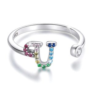 Solid 925 Sterling Silver Colourful Rainbow Alphabet Letter Adjustable Rings - U