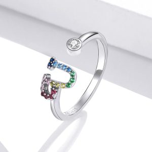 Solid 925 Sterling Silver Colourful Rainbow Alphabet Letter Adjustable Rings - U
