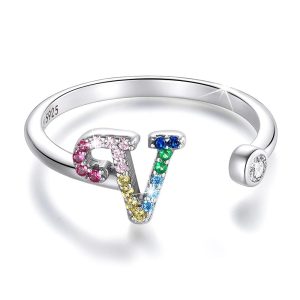 Solid 925 Sterling Silver Colourful Rainbow Alphabet Letter Adjustable Rings - V