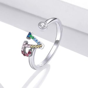 Solid 925 Sterling Silver Colourful Rainbow Alphabet Letter Adjustable Rings - V