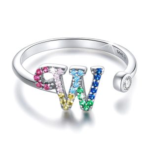 Solid 925 Sterling Silver Colourful Rainbow Alphabet Letter Adjustable Rings - W