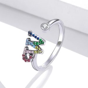 Solid 925 Sterling Silver Colourful Rainbow Alphabet Letter Adjustable Rings - W