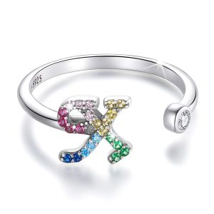 Solid 925 Sterling Silver Colourful Rainbow Alphabet Letter Adjustable Rings - X