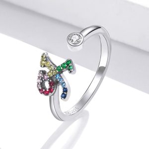 Solid 925 Sterling Silver Colourful Rainbow Alphabet Letter Adjustable Rings - X
