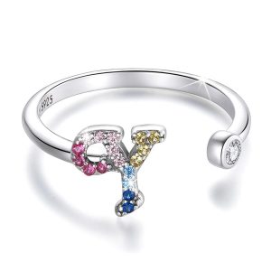 Solid 925 Sterling Silver Colourful Rainbow Alphabet Letter Adjustable Rings - Y