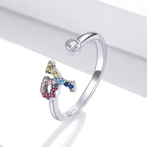 Solid 925 Sterling Silver Colourful Rainbow Alphabet Letter Adjustable Rings - Y