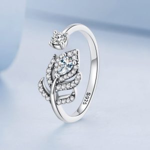 Solid 925 Signature Silver Crystal Feather Open Cut Ring