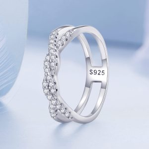 Solid 925 Signature Silver Crystals Braided Ring