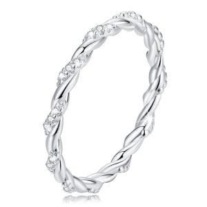 Solid 925 Signature Silver Twisted Crystal String Ring