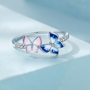 Solid 925 Signature Silver Non-Identical Twin Butterfly Ring