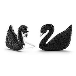 Solid 925 Sterling Silver Jet Swan Stud Earrings