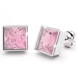 Solid 925 Sterling Silver Bezel Princess-Cut Studs Light Rose 6mm