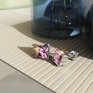 Solid 925 Sterling Silver Bezel Princess-Cut Studs Light Rose 6mm