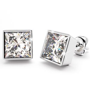 Solid 925 Sterling Silver Bezel Princess-Cut Studs Clear 6mm