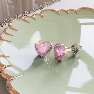 Solid 925 Sterling Silver Heart Bezel Studs Pink