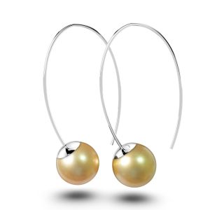 Solid 925 Sterling Silver Round Champagne Imitation Pearl Dangle Earrings