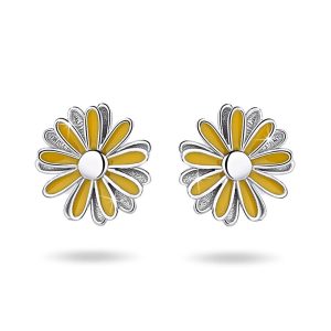 Solid 925 Sterling Silver 3D Yellow Daisy Stud Earrings