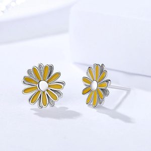 Solid 925 Sterling Silver 3D Yellow Daisy Stud Earrings
