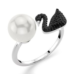 Solid 925 Sterling Silver Jet Swan Pearl Ring